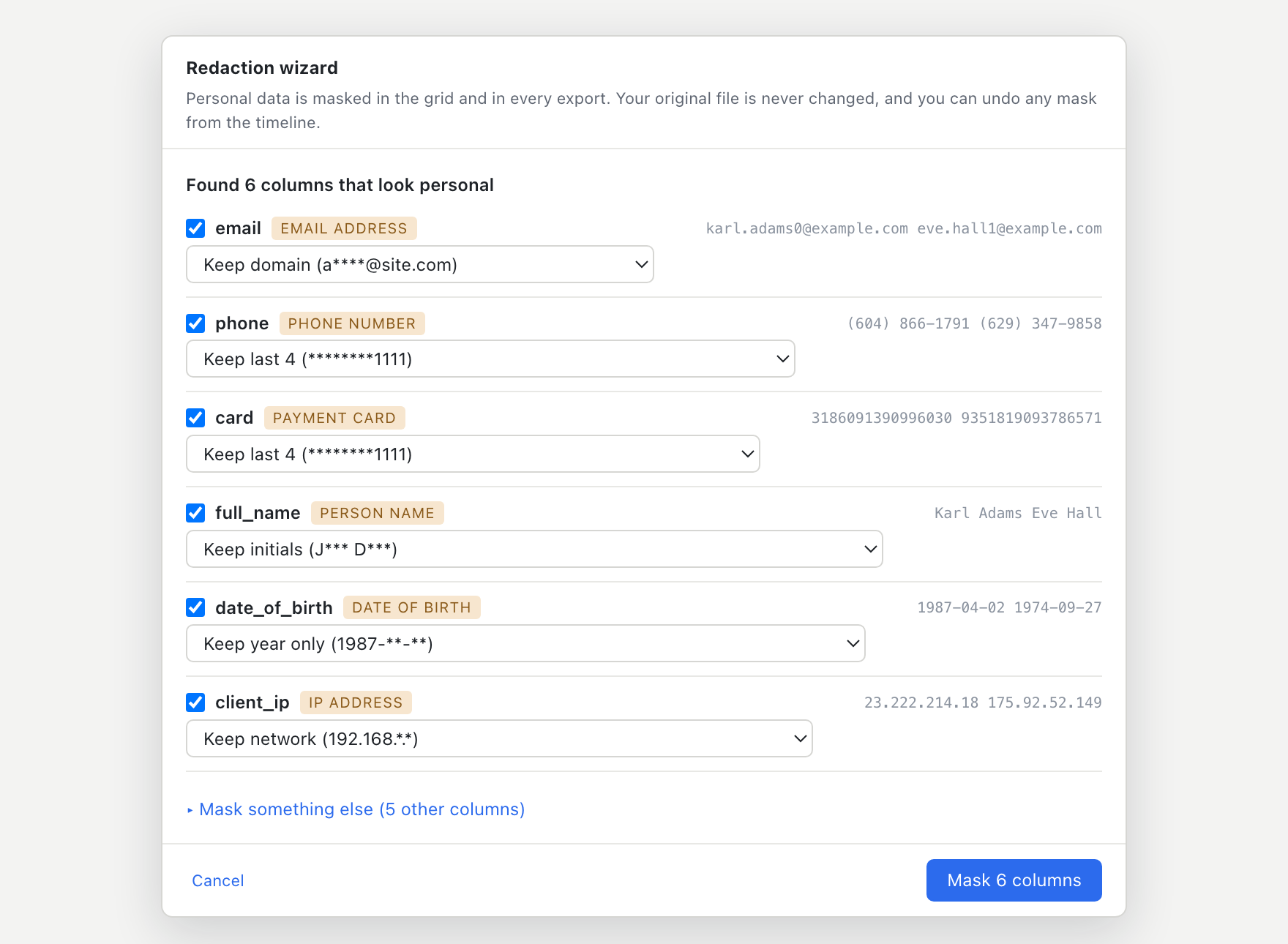 Redaction wizard listing six detected personal-data columns with a masking mode chosen for each and real sample values